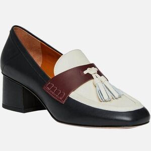 J. McLaughlin Leather Penny Loafers Tassels Wenona Heel Black White Wine Size 6